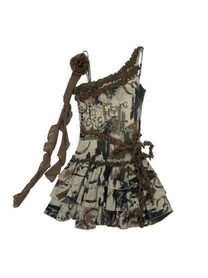 Robe dos nu punk marron clair, jupe à volants avec rosace amovible