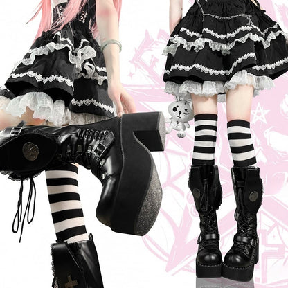 Black Punk Bunny Ear Design Gothic Platform Block Heel Boots