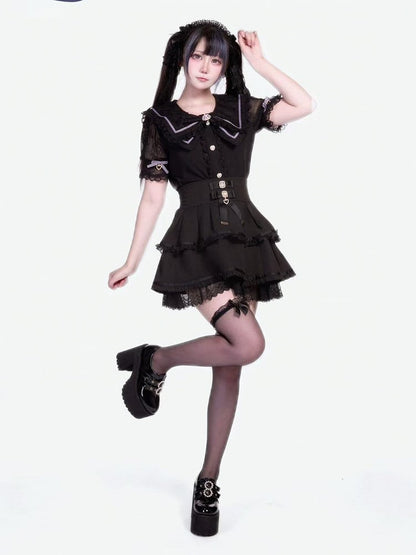 Black Kei Collar Blouse Bowknot with Jirai