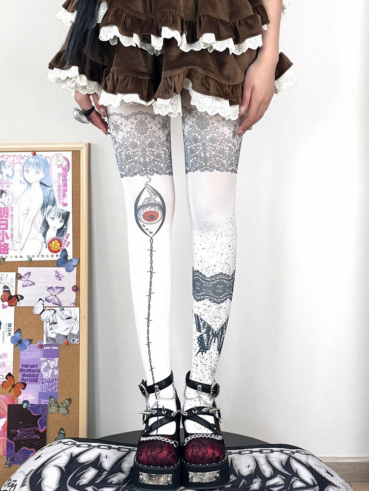 Weiße Strumpfhose mit Schmetterlingsdruck, Guro Kawaii