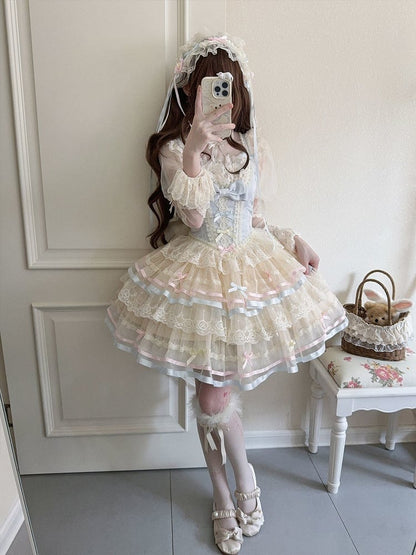 mit Schleifenrock JSK Lolita Lagenblaue Taille Großes Korsett Tüllrücken bei Princess