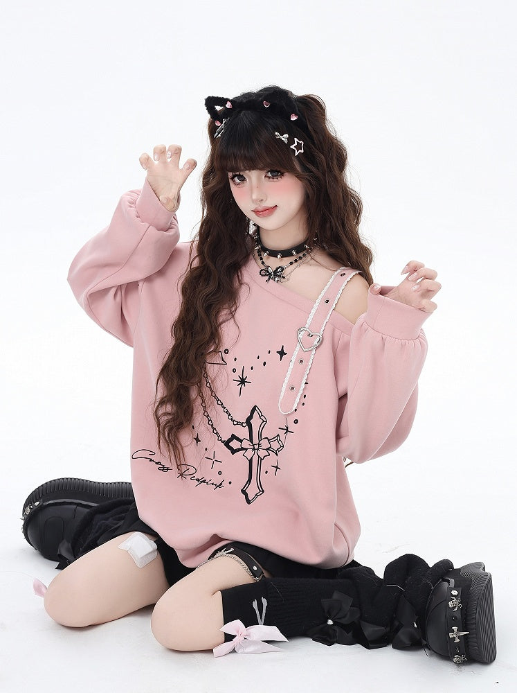Black/Pink Asymmetrical Neckline Heart Buckle Cross Embroidered Sweatshirt