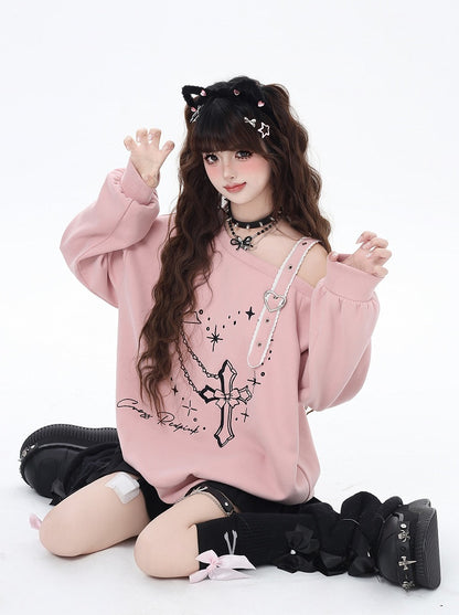 Black/Pink Asymmetrical Neckline Heart Buckle Cross Embroidered Sweatshirt