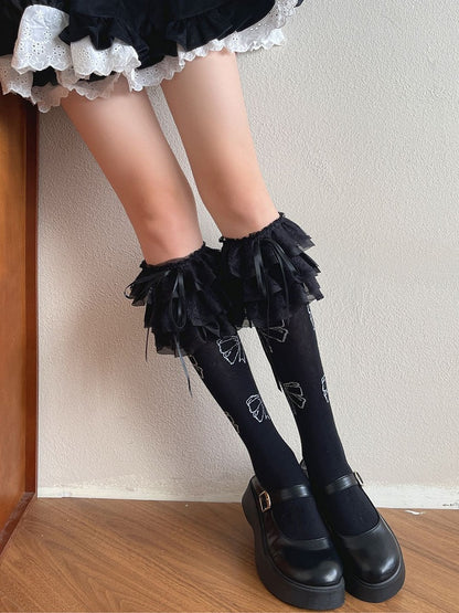 Weiße/schwarze Strümpfe mit Schleife und Spitzenbesatz, Lolita-Unterknöchel