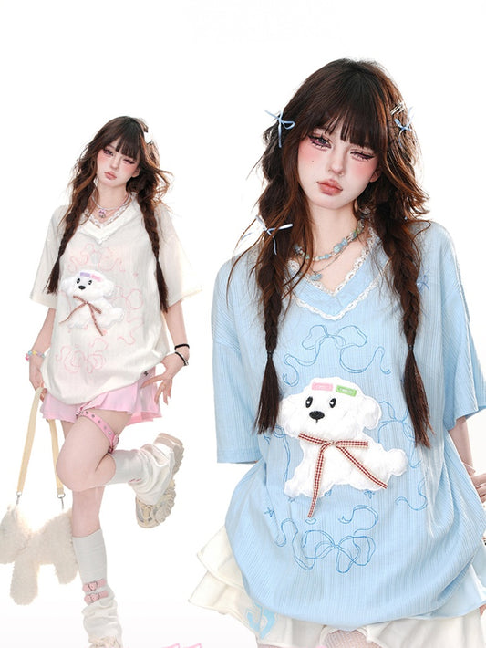 Loose Yume Adorable Puppy Pattern Weiß/Blau T-Shirt Kawaii