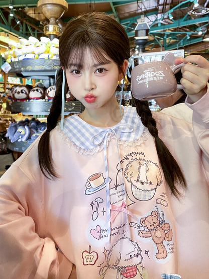 Adorable Cartoon Puppy Print Pink Round Loose Neck Sweatshirt