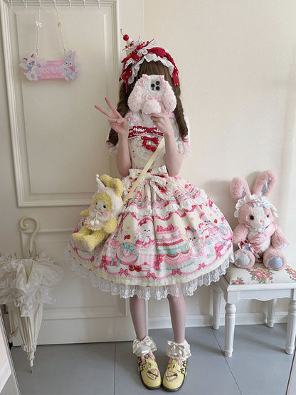Sweet Dress Cakes Bunny Yellow Print and Skirt Lolita Jumper