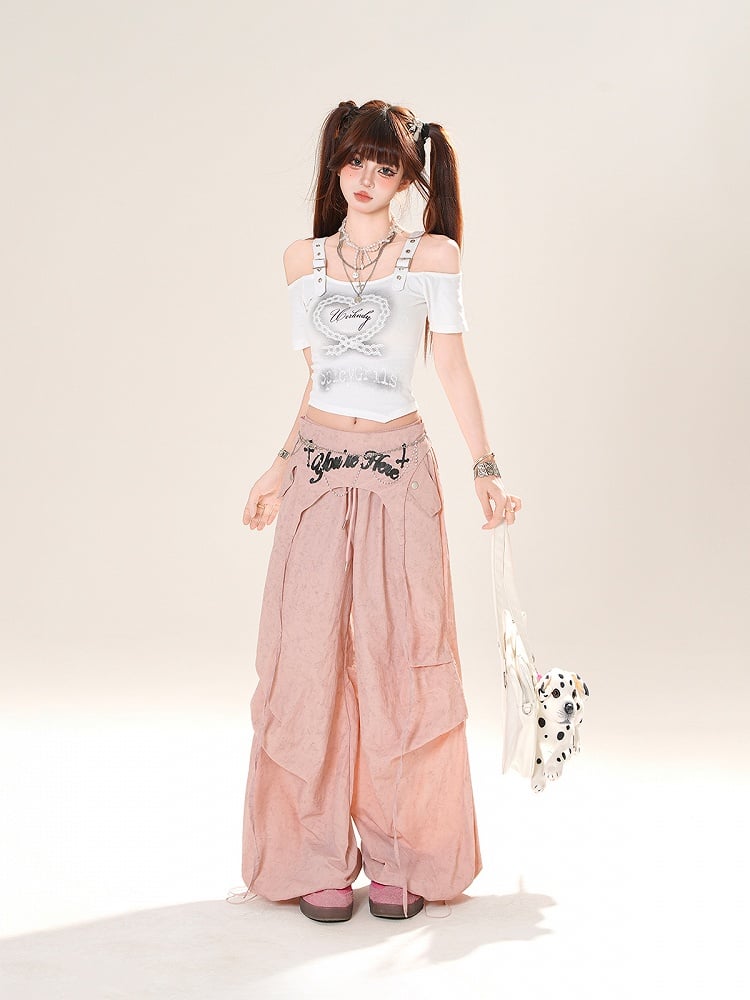 Accessory Pink/Gray Drawstring Wide-Leg Pants with Waist