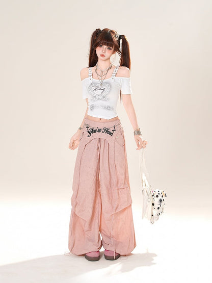 Accessory Pink/Gray Drawstring Wide-Leg Pants with Waist