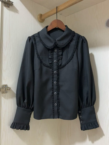 Black Rounded Flat Collar Long Sleeves Shirt