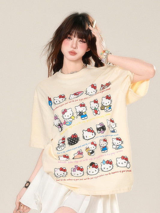 Adorable Kitty Print Apricot Loose T-Shirt