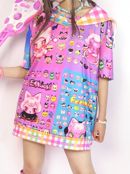 Gyaru Style Sailor Collar Short Sleeve T-shirt With Cartoon Prints And Plaid Pattern Colorful