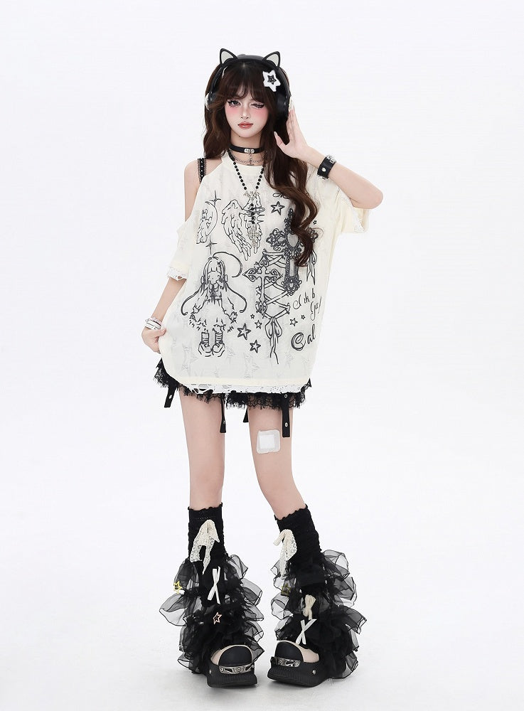Black/Beige Cutout Shoulder Graffiti Bittersweet T-Shirt Angel Lucky