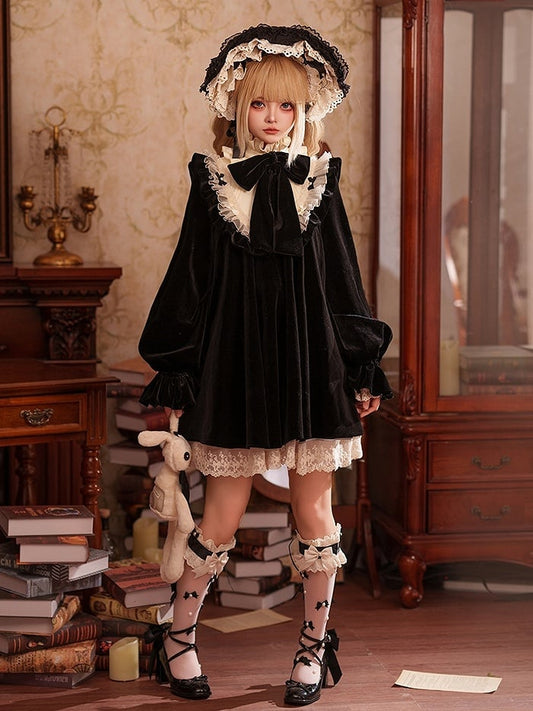 Lolita High Dress Black Big Long Bow Neck Ruffled Sleeves Velvet Sweet