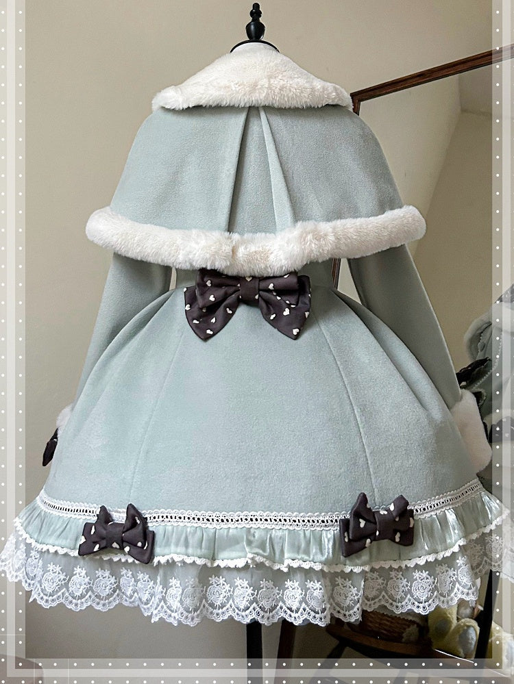 Mint Green Bow Accents Cape Lolita Coat with Lace Trim