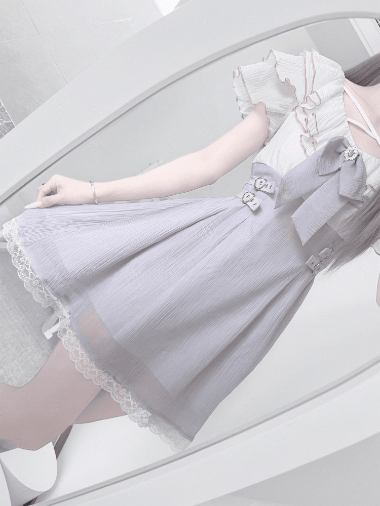 Dress with Flounce Waist Jirai Buckles Bowtie Hem Heart Version Neckline Tiered Lavender Short Kei
