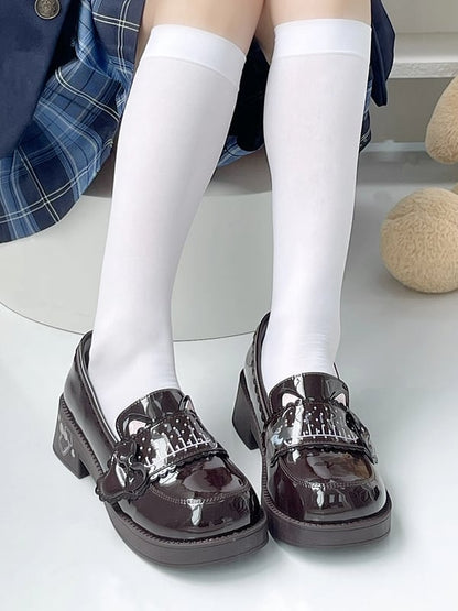 Shoes Style Design Mid-heel Ear Preppy - PU Bottle Cat Milk Print Brown Slip-On with Accents