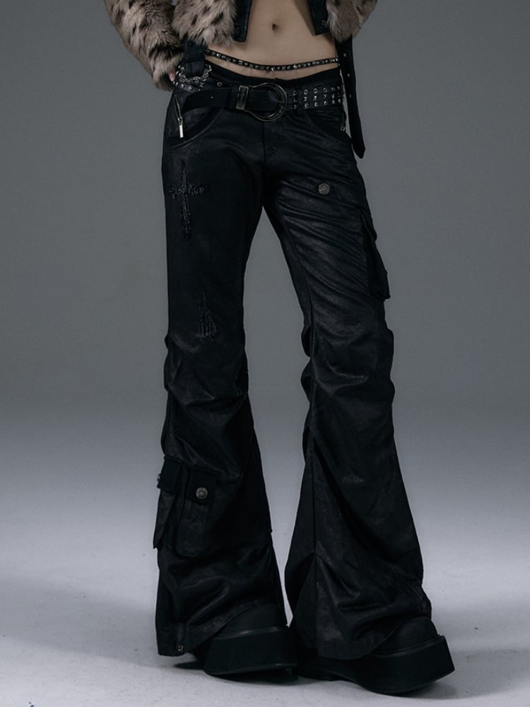 Black Low-Waist Slim-fitting Flared Cargo Pants