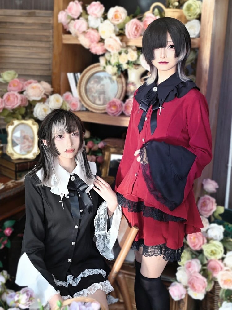 Black Gothic Red and Lace Trim Cross Adorned Pointed Flat Collar Bell Sleeves Top with Tiered Skirt Outfit Set -