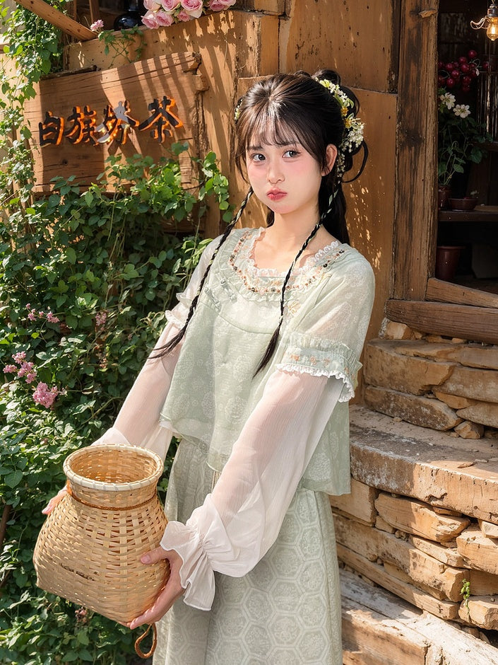 Green Jacquard Cheongsam Knot Buttons Chiffon Top Embroidery Style Floral Neckline