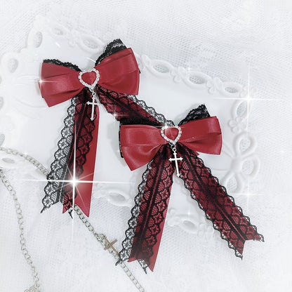 Jirai Kei Cross Charm HeartRhinestones Adorned Bowknot Hairclips