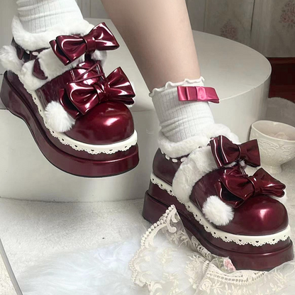 Lolita Wine Red Cute Heart Bowknot Platform Shoes With Pompons