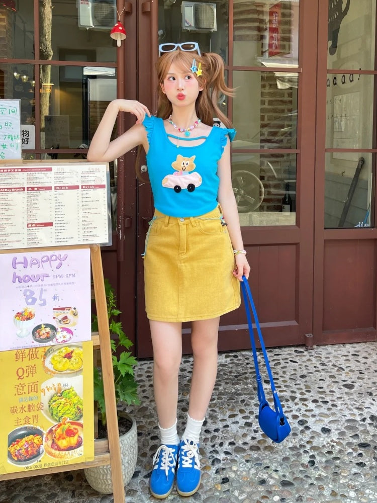 Free Kitty Applique Flutter Sleeves Top Blue Cute Necklace with