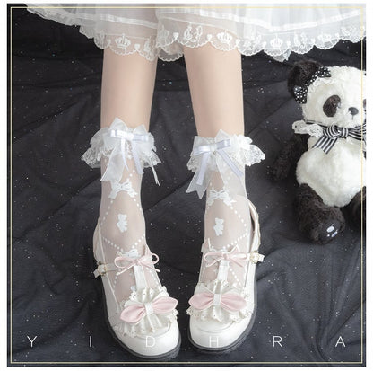 Black White  Bunny Bear Print Sweet Lolita Socks