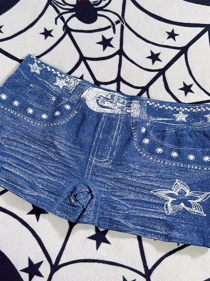 Y2K Denim Print Blue/Black/Gray With Shorts