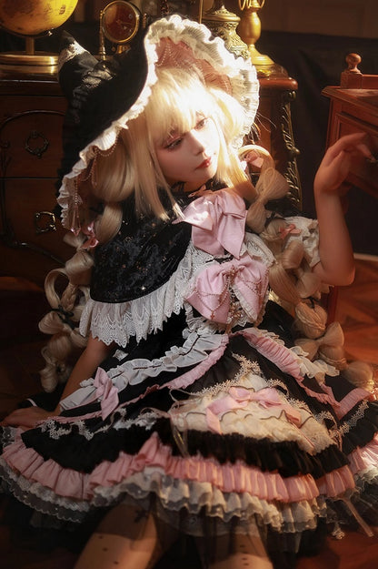 Black and Pink High Waist Sweet Witchy Dress Lolita Jumper Skirt Full Set