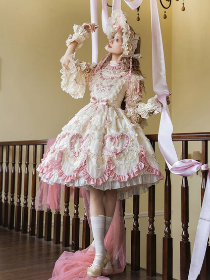 Beige Hanayome Rosette Embroidery Floral and Bead Chain Lolita OP Full Set