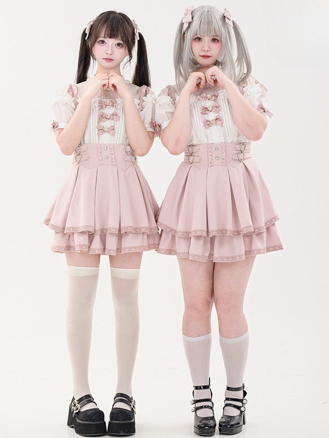 Bowknot Short Jirai Rhinestone Shirt Pleating Pink Details Sleeves Decorated Kei Heart