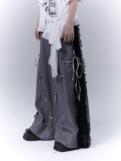 Dark Gray Lace Patches Details with Casual Pants Side Lace-up
