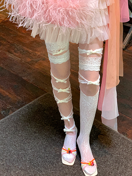 Lace Trim Stockings White/Pink/Blue/Purple/Grey/Black Design Asymmetrical Bowknot Overknee