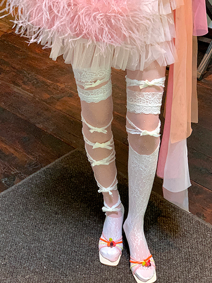 Lace Trim Stockings White/Pink/Blue/Purple/Grey/Black Design Asymmetrical Bowknot Overknee