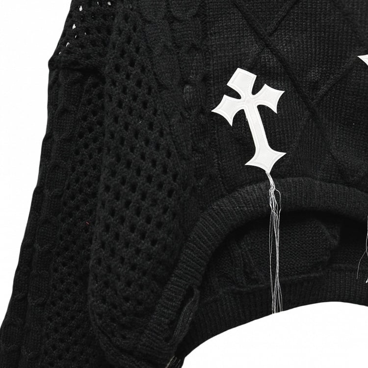 Punk Black Cross Appliques Fringe Design Cropped Sweater