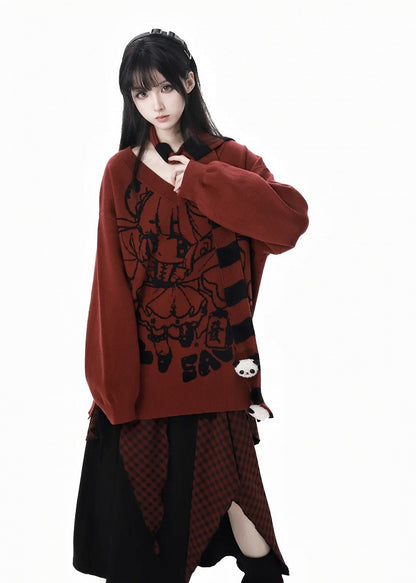 Red V-neck Cartoon Pattern Knitted Sweater