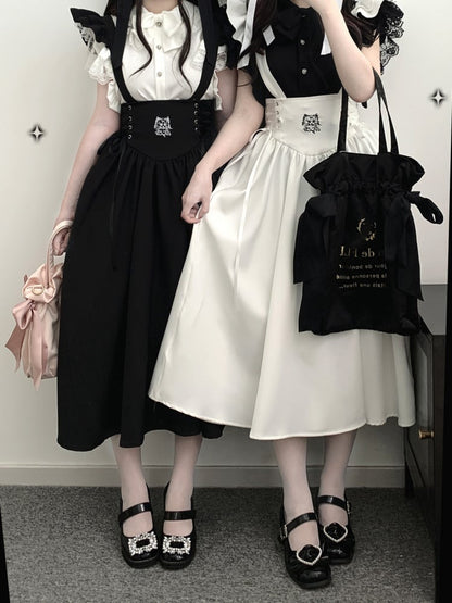 Black White Kitty Jirai Kei Overall Dress Lace-up Detail