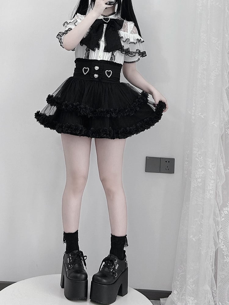 Ärmelbluse, Illusionsausschnitt, weißer kurzer Kontrast, schwarze Spitze mit Jirai Kei-Besatz