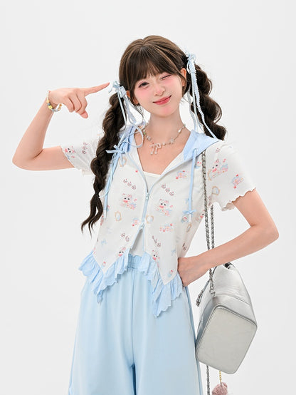 Zip-up Hooded Cute Kitty Print Curved Hem Lace Blue Trim T-Shirt