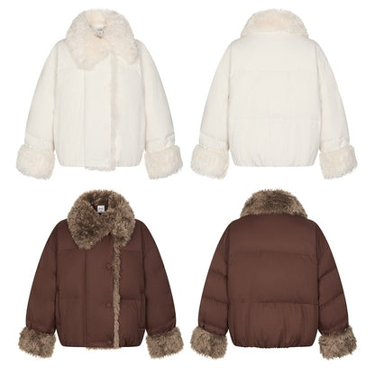 Beige/Brown Short Puffer Jacket with Faux Fur Trim and White Duck Down Filling