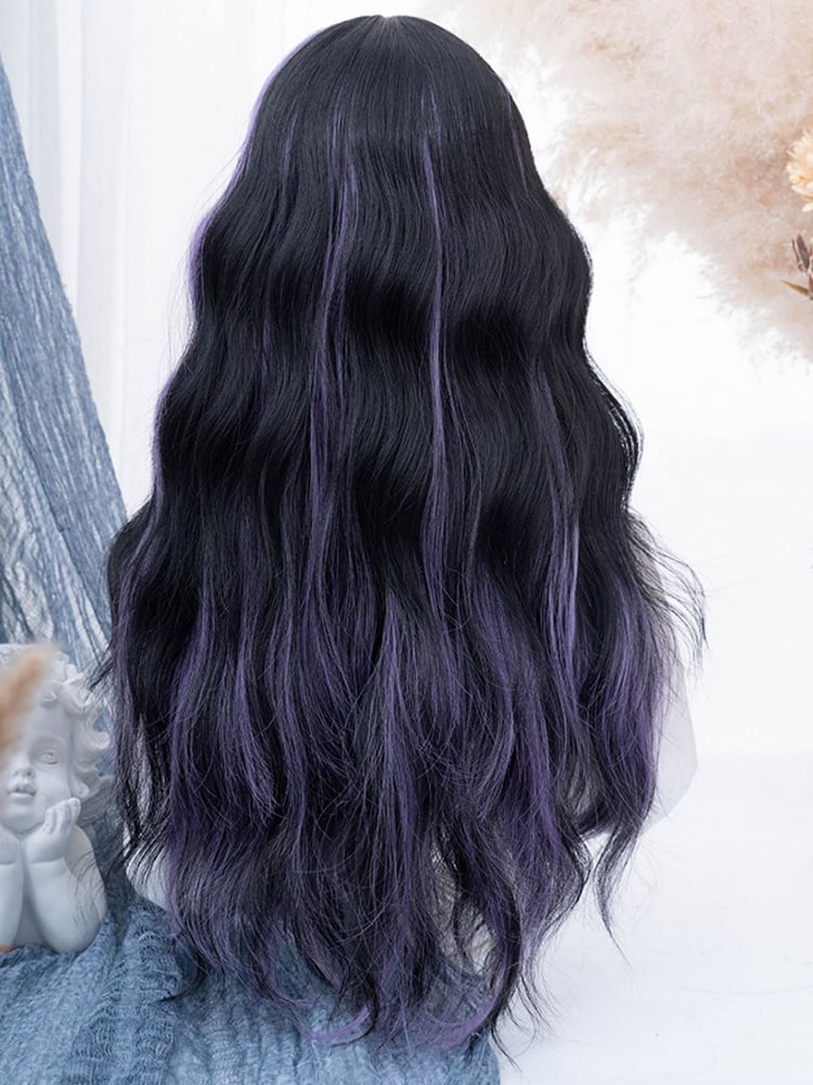 PurpleBlack With Wig 74CM Bangs Length Wavy Air Split Color