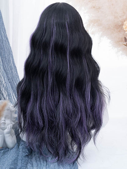 PurpleBlack With Wig 74CM Bangs Length Wavy Air Split Color