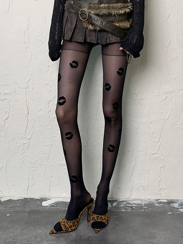 Black/Red Gothic Lips Tights