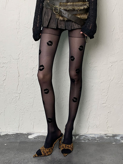 Black/Red Gothic Lips Tights