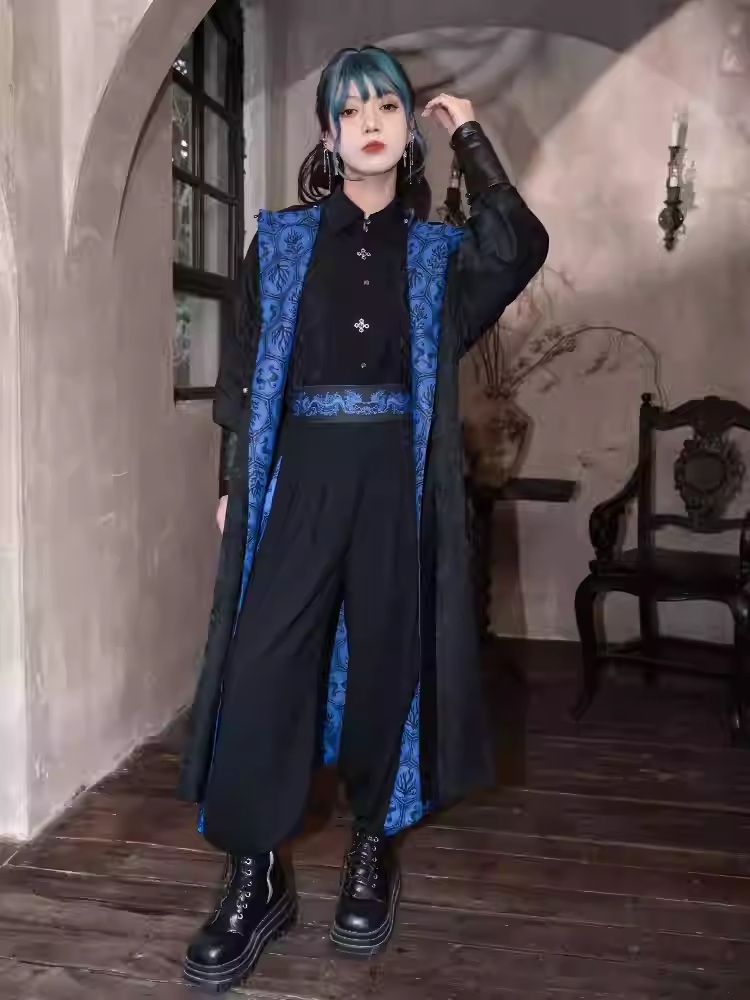 Blue Black Coral Drawsting Style	Wide-leg Cuff Pants Seahorse and Print Cheongsam
