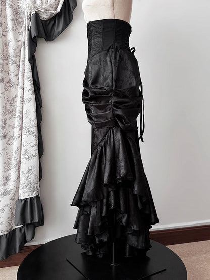 Gothic Asymmetrical Skirt Boned Waist Corset Cascading High Lolita Flounce Mermaid Hem Black