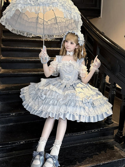 Blue and White Old School Lolita Dress Bows and Heart Shape Decoration Princess Lolita Jumper Skirt