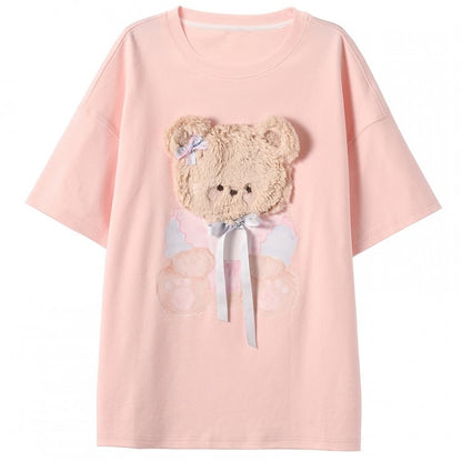Pink/Gray Round Neck Plush Kitty/Bear T-Shirt