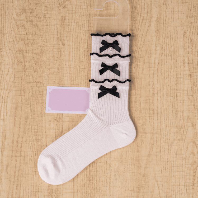 Accents Ruffles Socks / with Pink Triple Layered Mid-Calf Black Bow White